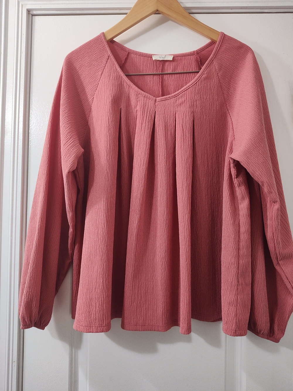 Pleated Coral Pink Long Sleeve Tunic Top Textured Crinkle Finish Ballet Girl